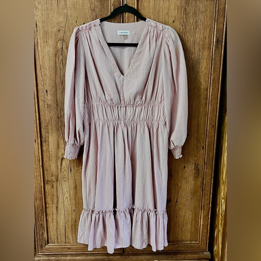 Calvin Klein Dusty Blush Pink Ruffle Sleeve V Neck Crinkle Smock Dress Size 10